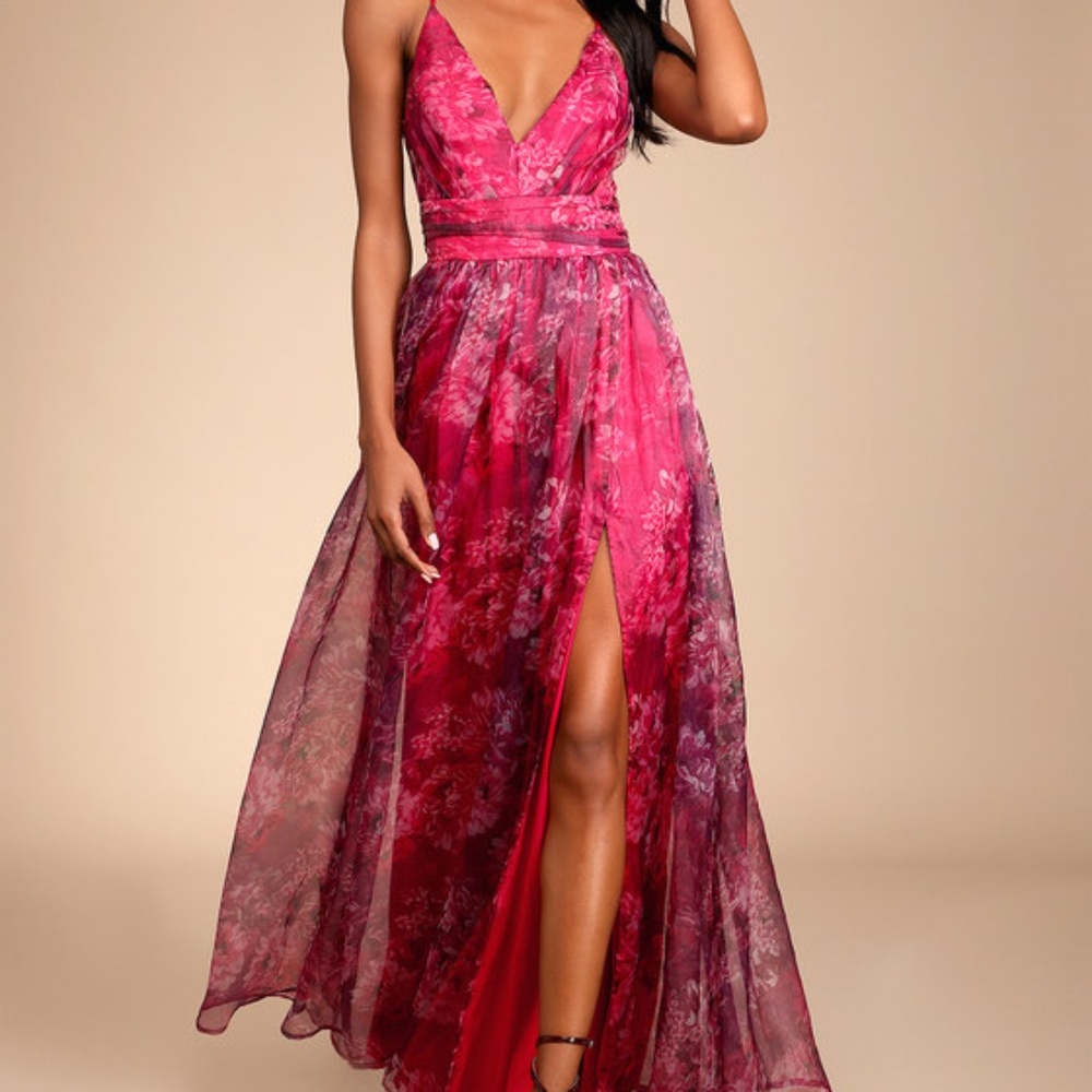 Lulus Romance That Wows Magenta Floral Print Organza Maxi Dress Pink - Size L